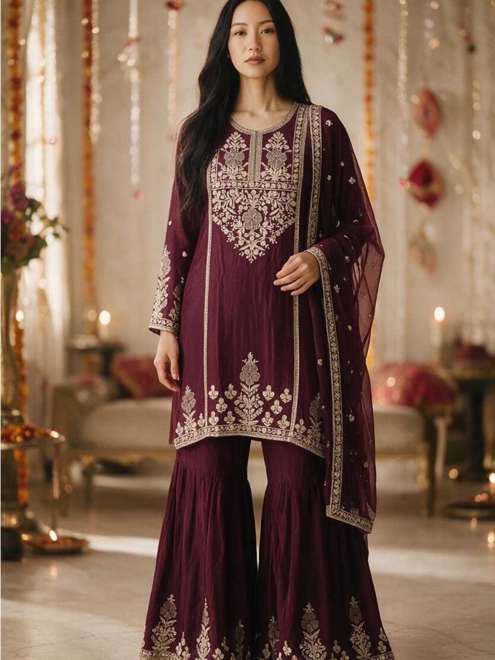 Medium 3 piece Embroidered Plum maroon Women’s gharara Set with Dupatta